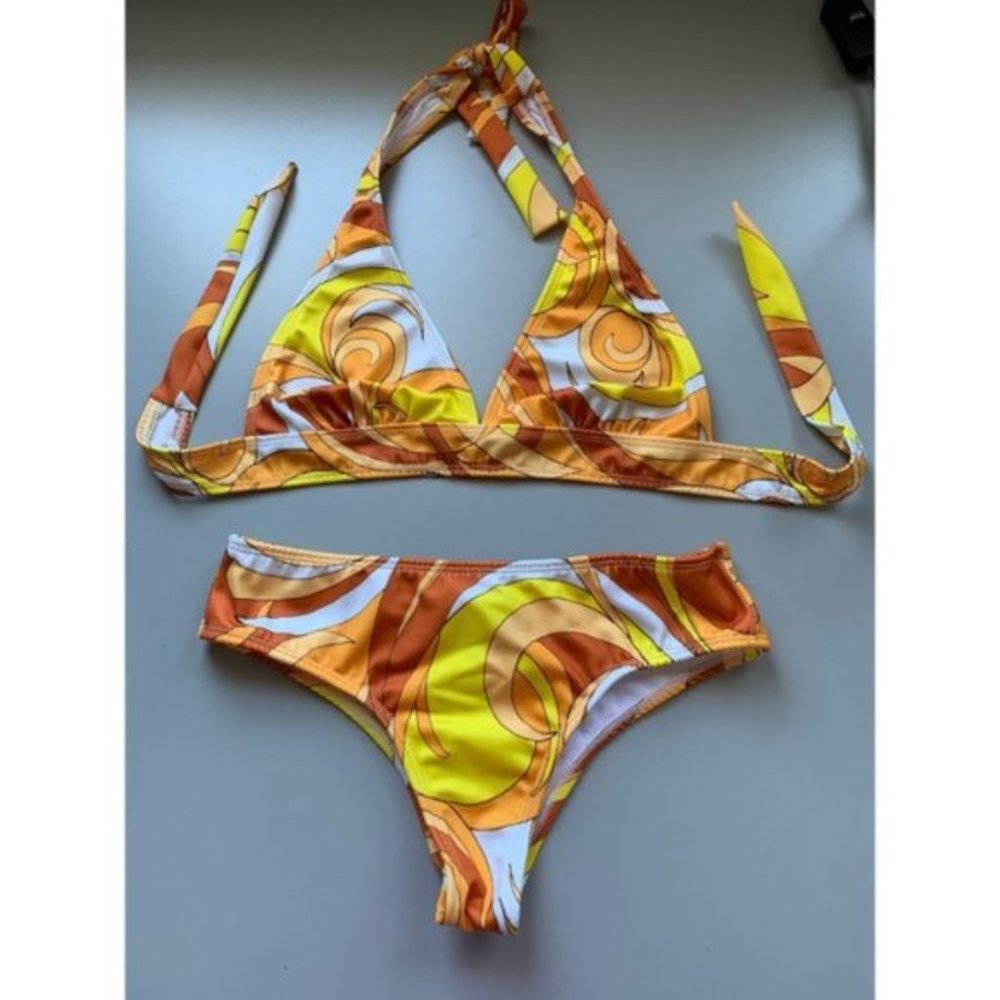 Graphic Print Halter Tie Back Bikini